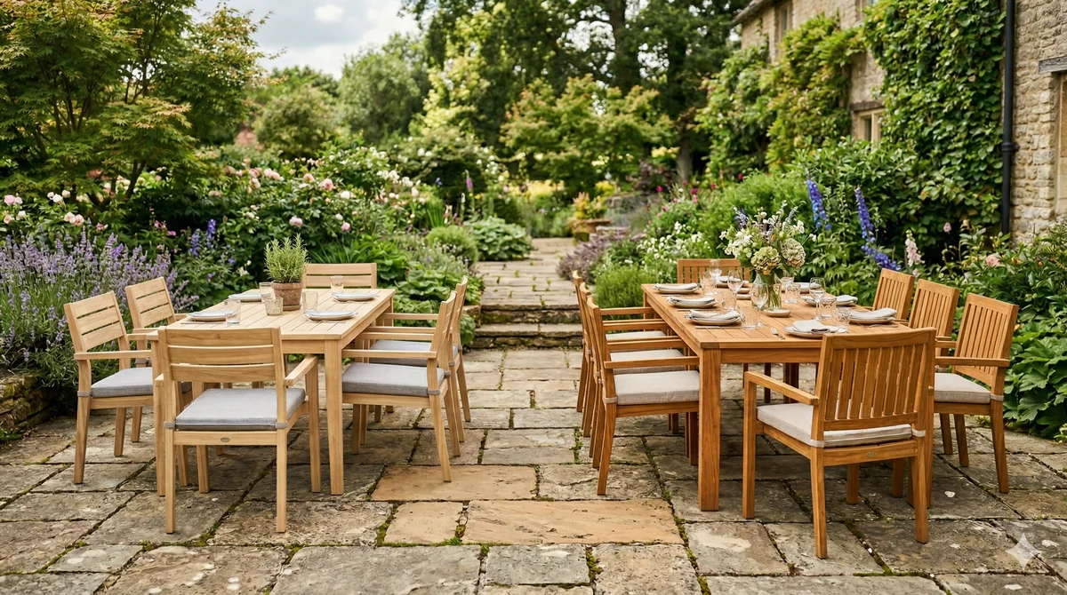 Deux salons de jardin en bois massif côte à côte sur une terrasse en pierre - bois clair acacia à gauche, bois doré teck à droite, jardin fleuri en fond