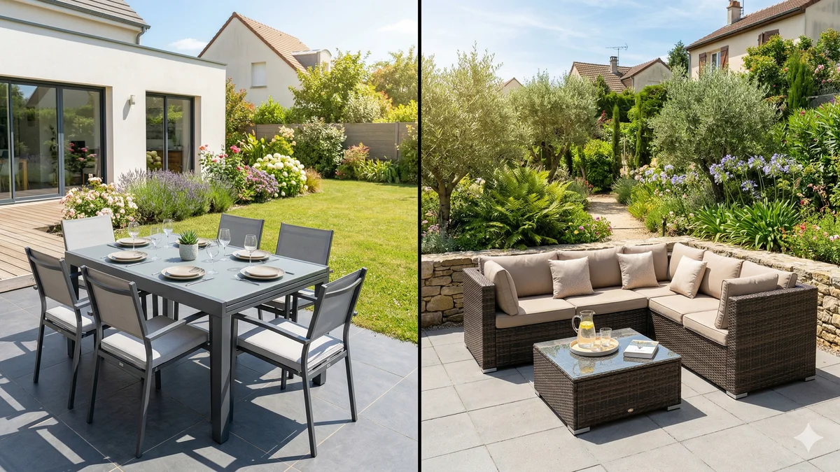 Comparatif salon de jardin en aluminium et en résine tressée sur deux terrasses ensoleillées