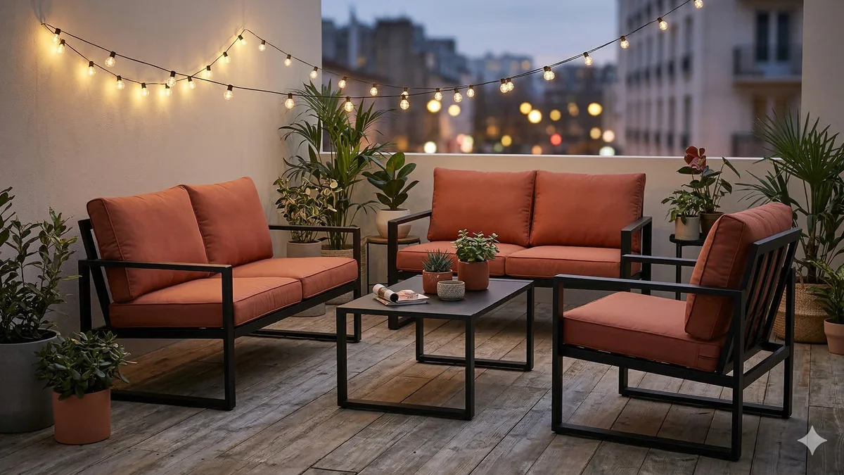 Salon de jardin Blooma en métal noir avec coussins terracotta sur terrasse urbaine