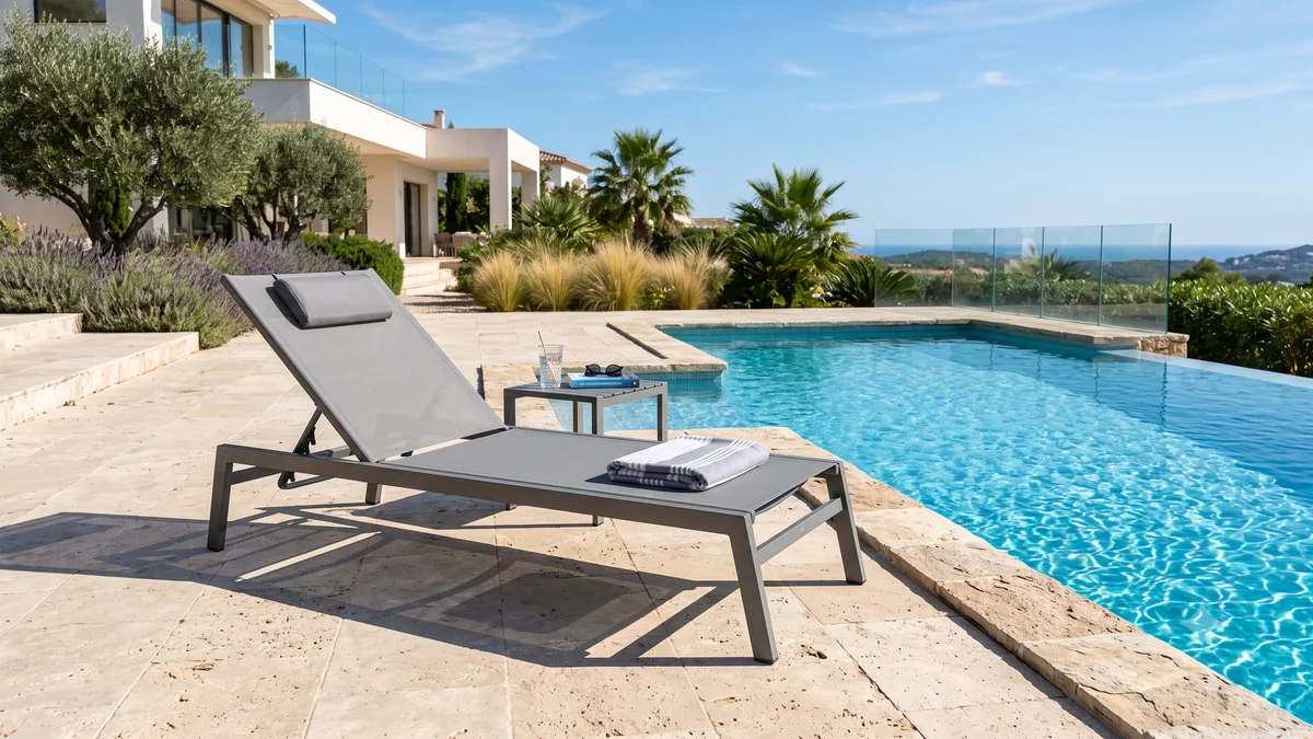 Chaise longue en aluminium avec textilène gris sur une terrasse ensoleillée au bord d'une piscine