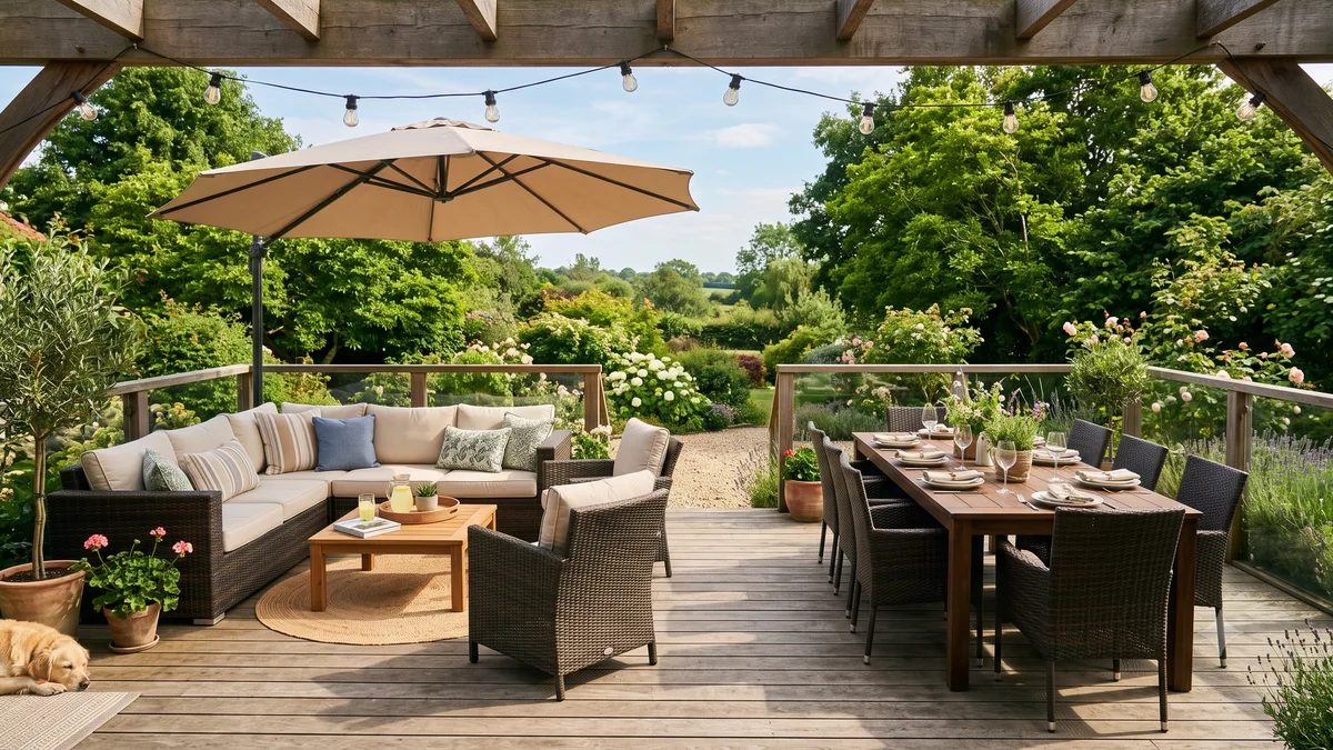 Salon de jardin complet installé sur une terrasse ensoleillée avec table, chaises et coin lounge, entouré de plantes vertes
