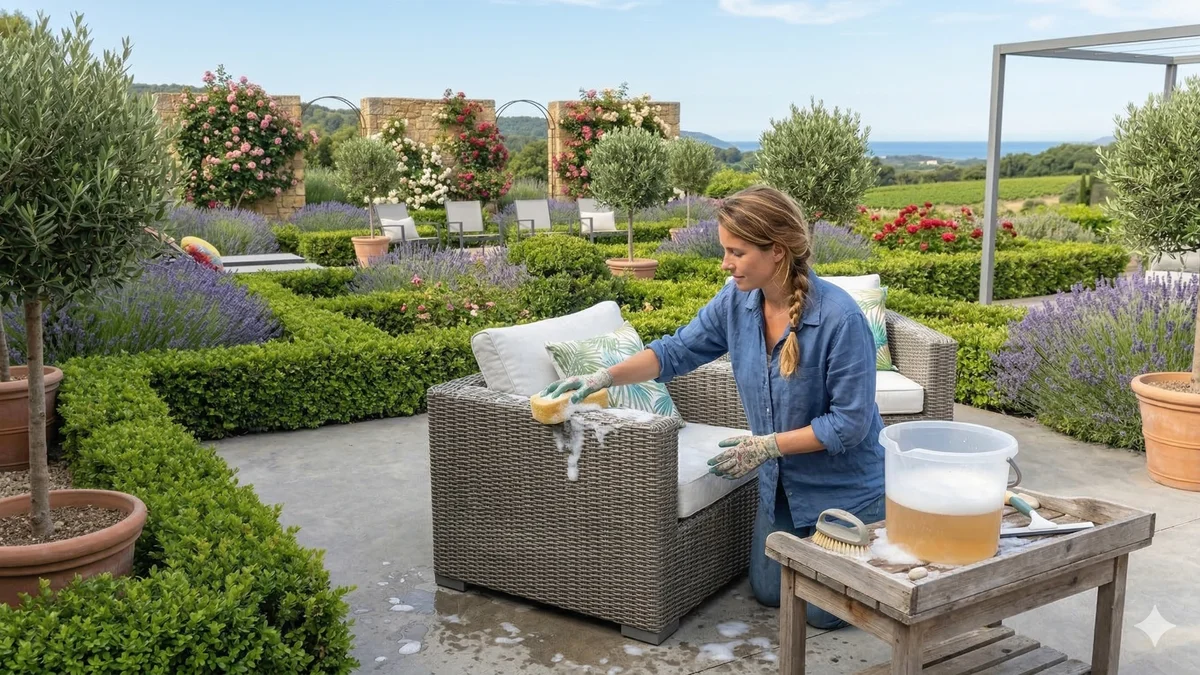 Nettoyage d'un salon de jardin en résine tressée avec une éponge et de l'eau savonneuse