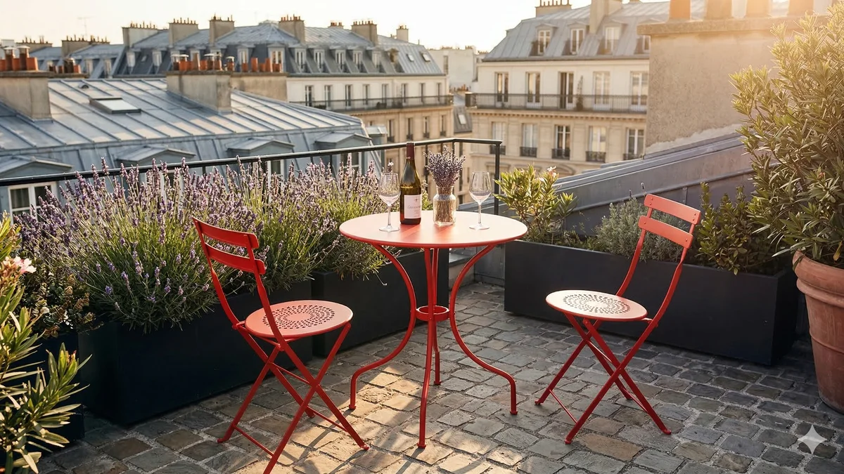 Salon de jardin Fermob Bistro en acier laqué rouge sur terrasse