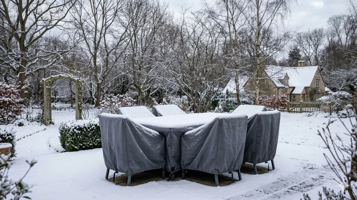 Mobilier de jardin recouvert de housses de protection pour l'hiver dans un jardin enneigé