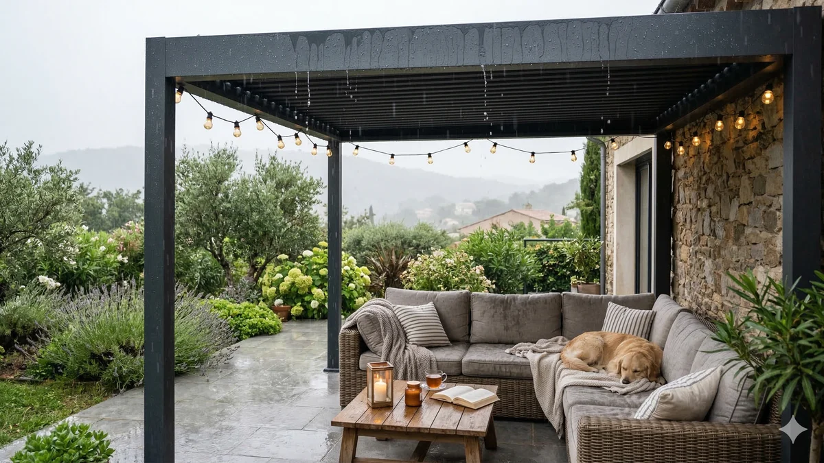Salon de jardin sous une pergola bioclimatique fermée pendant une averse de pluie