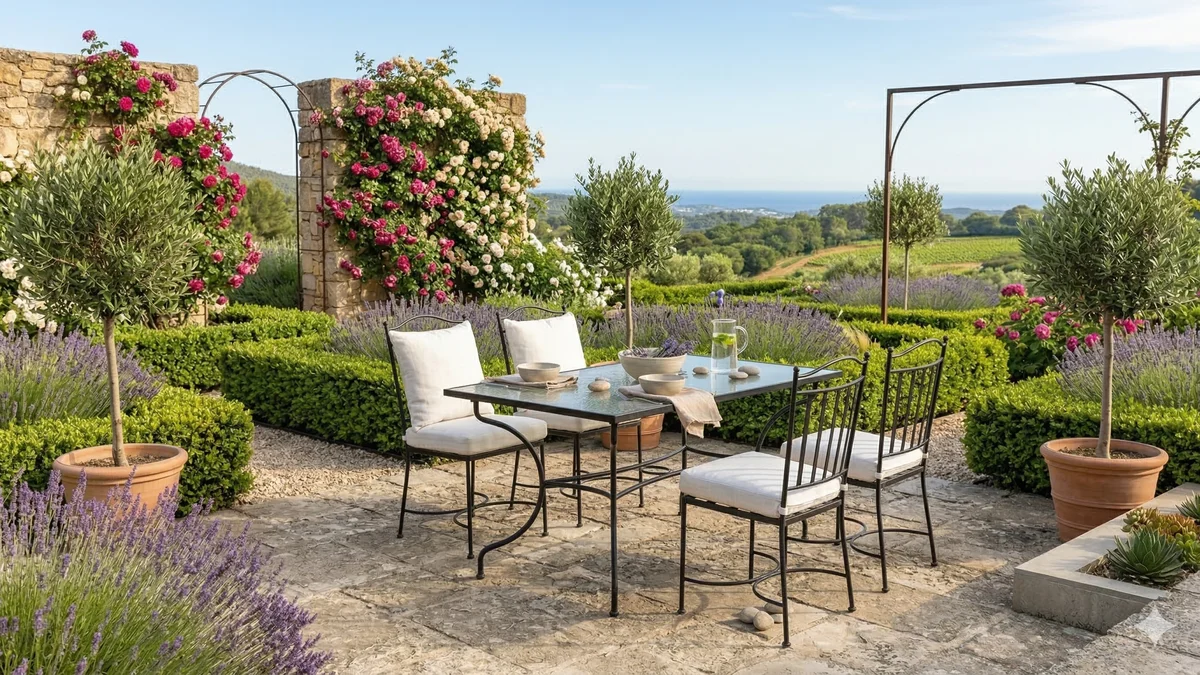 Table et chaises de jardin en fer forgé noir avec coussins blancs dans un jardin provençal