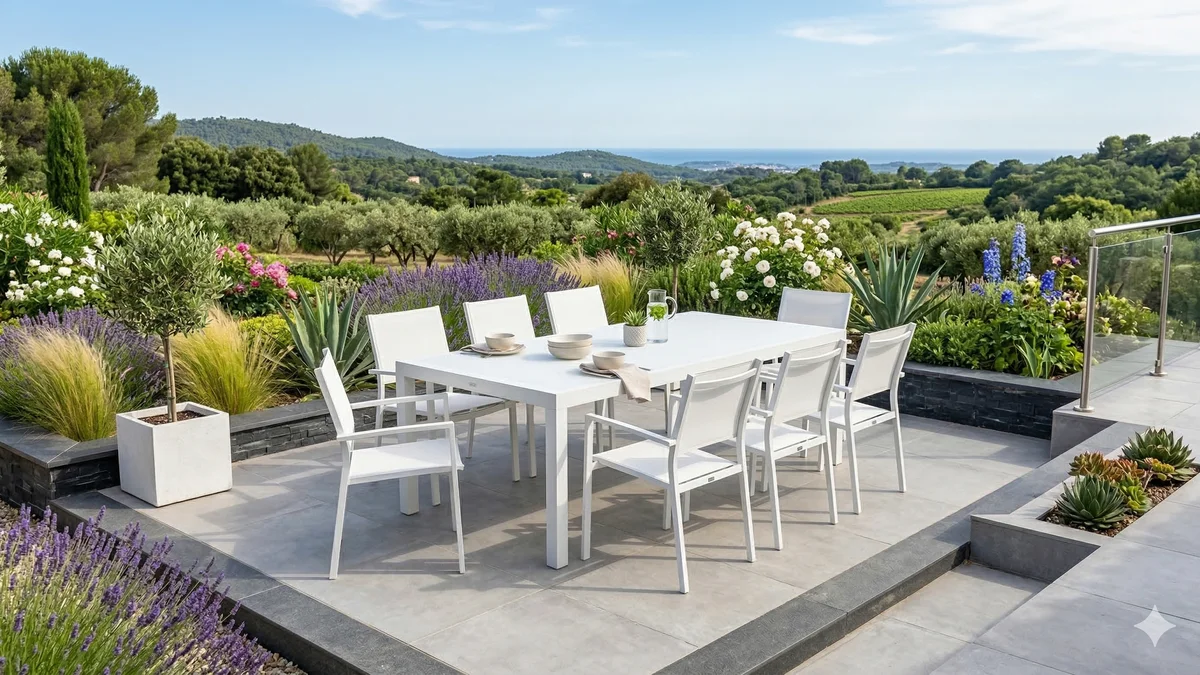 Salon de jardin en aluminium blanc avec table rectangulaire et chaises empilables sur une terrasse moderne