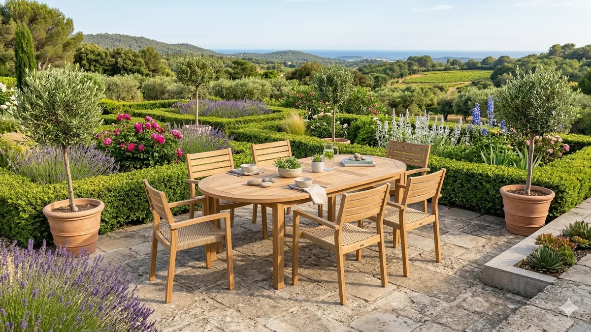 Salon de jardin en bois de teck massif avec table ovale et chaises sur une terrasse en pierre