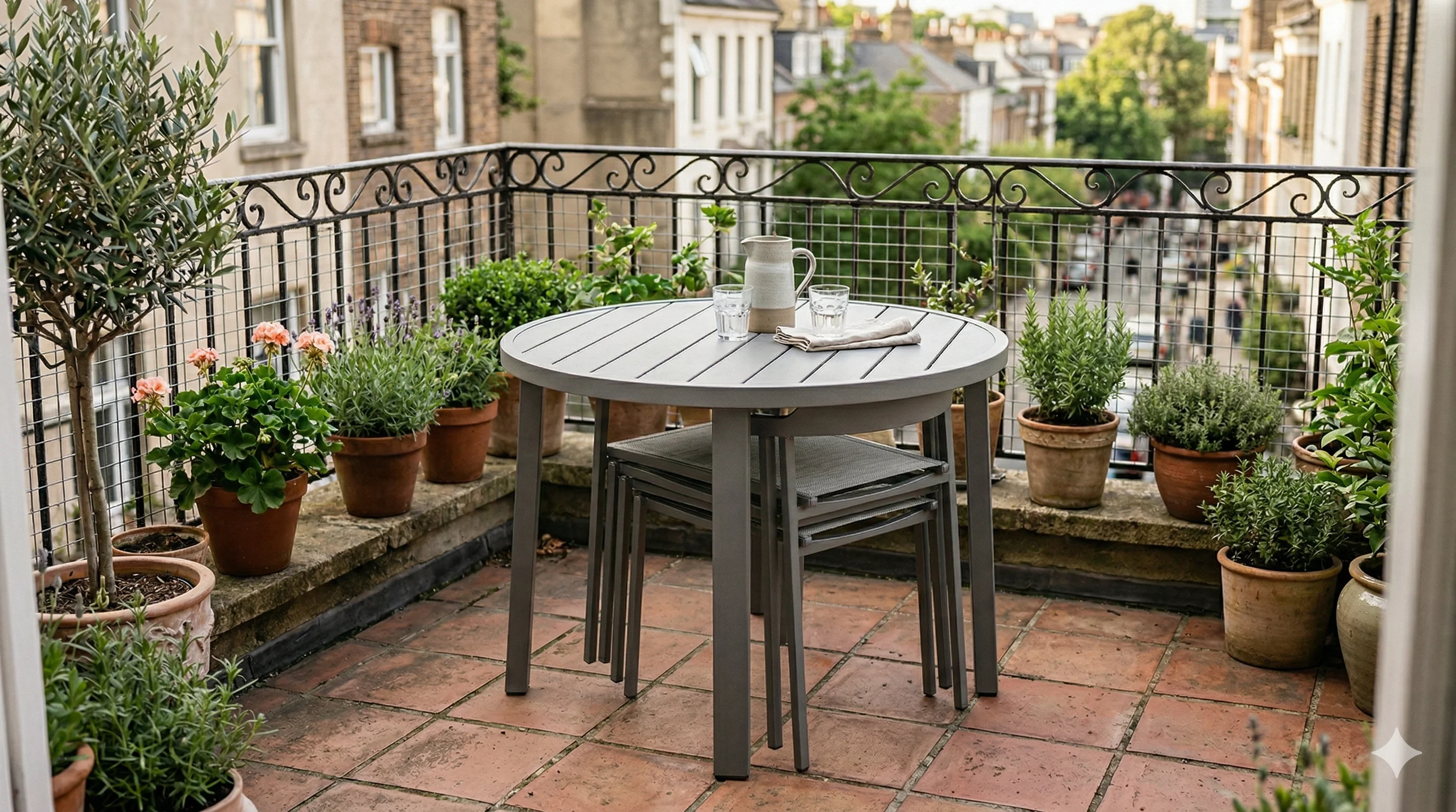 Salon de jardin encastrable en aluminium avec chaises glissées sous la table ronde sur une terrasse carrelée
