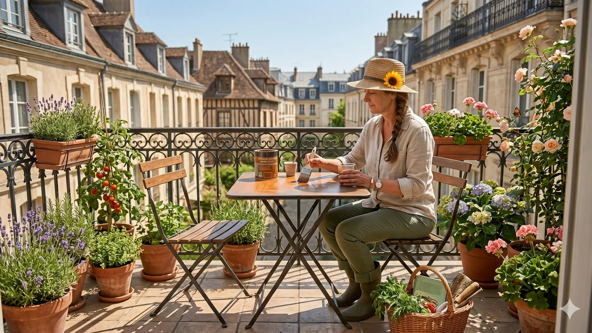 Femme au chapeau de paille assise à une table bistrot sur un balcon parisien fleuri avec vue sur toits