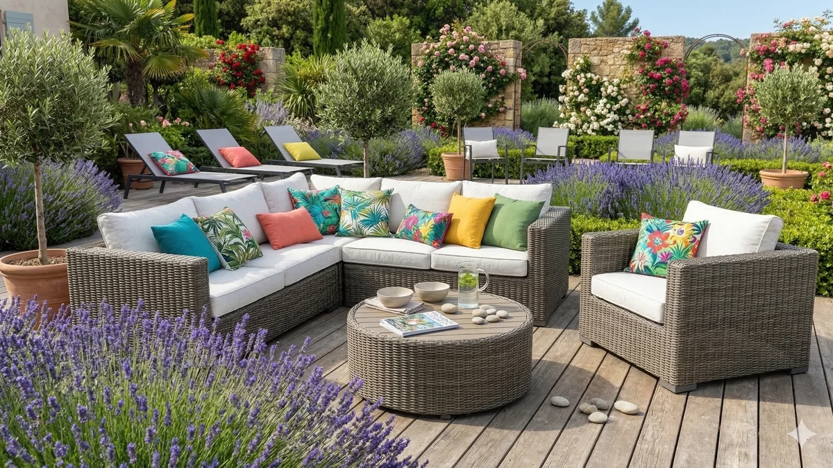 Salon lounge de jardin avec canapé modulable en résine tressée et coussins colorés sur une terrasse