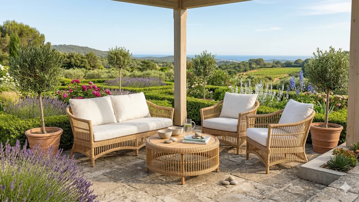 Salon de jardin en rotin naturel avec canapé et fauteuils dans une véranda lumineuse