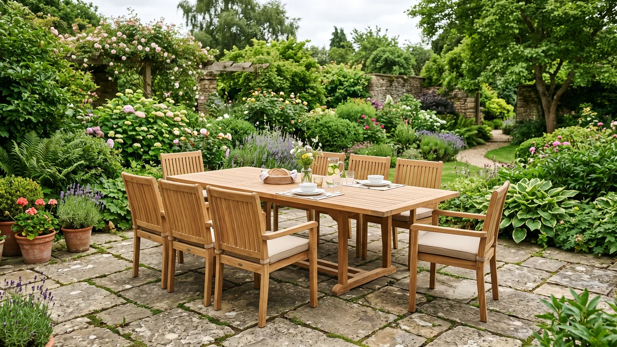 Salon de jardin en teck massif à la teinte dorée, table et fauteuils sur une terrasse en pierre